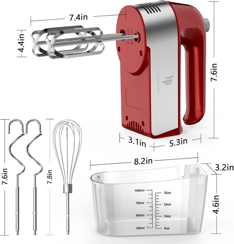 LILPARTNER Hand Mixer Electric, 450W Kitchen Mixers with Scale Cup Storage Case, Turbo Boost/Self-Control Speed + 5 Speed + Eject Button + 5 Stainless Steel Accessories, For Easy Whipping Dough, Cream, Red - Image 5